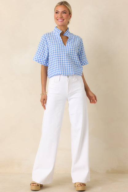 Plans in the Sunshine Blue Gingham Cotton V-Neck Top