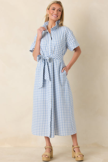 Check Me Out Blue Gingham Ruffle Collar Belted Maxi Dress
