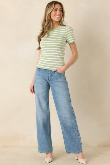 Let's Catch Up Light Green Stripe Short Sleeve Top