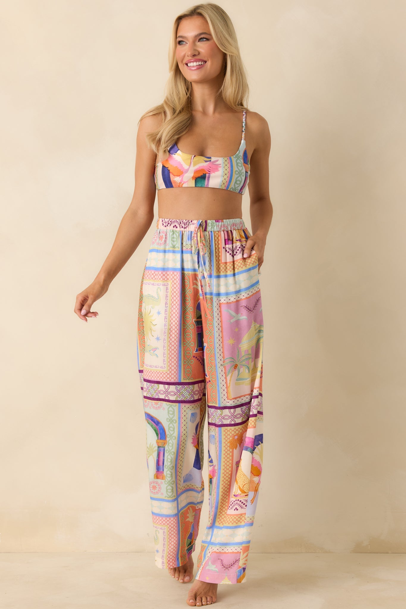 MINKPINK Elysia White Multi Tropical Tile Print Drawstring Pants