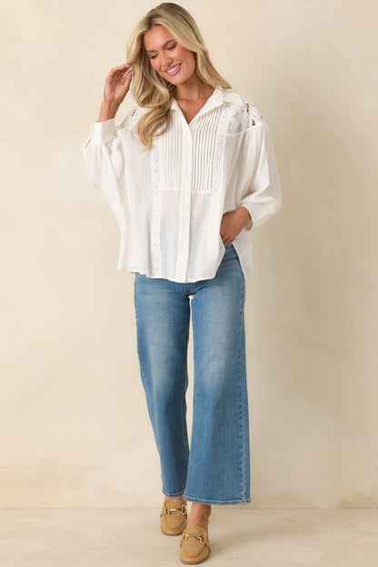 Light as Air Ivory Gauzy Cotton Lace Detail Blouse