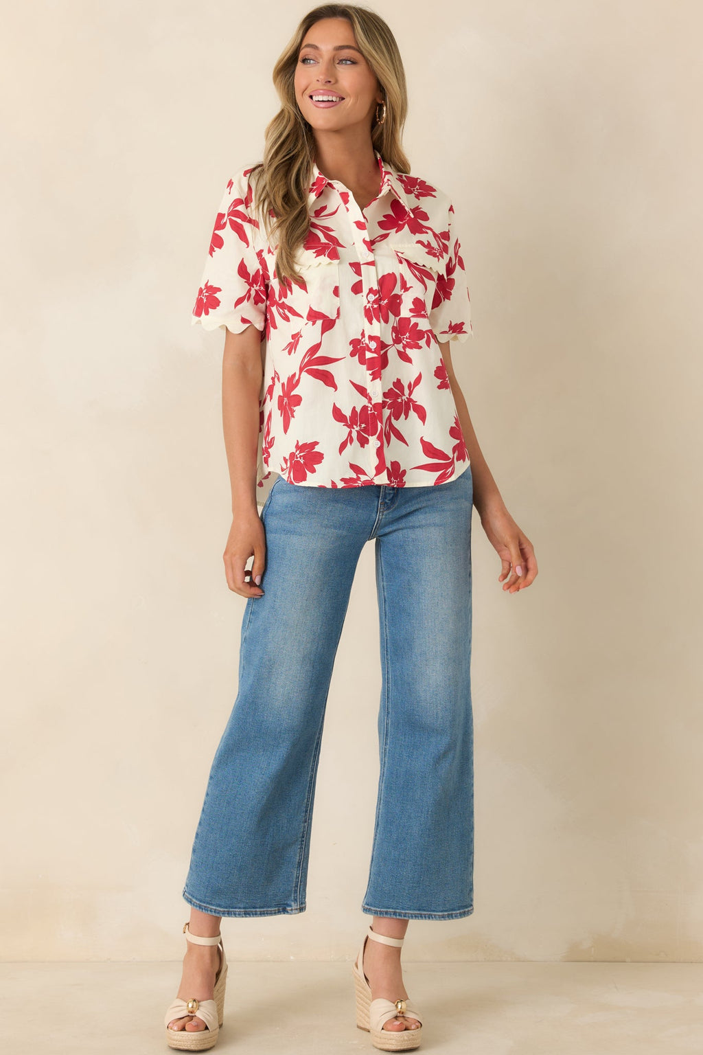 Feeling Fabulous Ivory & Red Floral Cotton Button Front Top