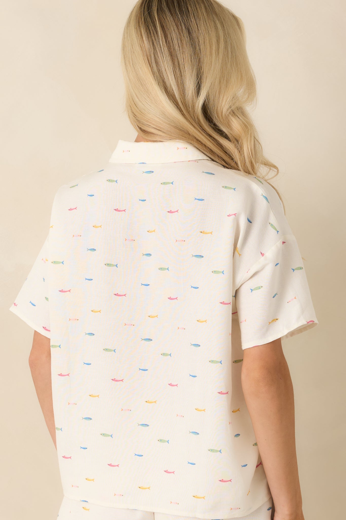 School's Out Ivory Multi Fish Print Button-Up Top