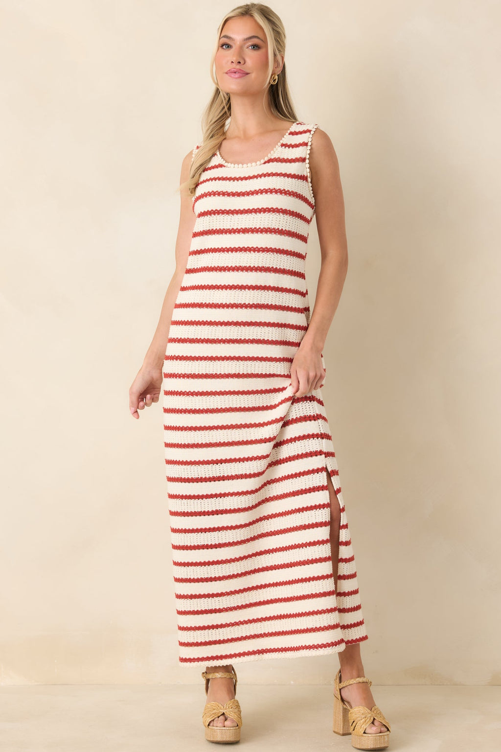 Worth Talking About Red & Ivory Stripe Knit Sleeveless Maxi Dress