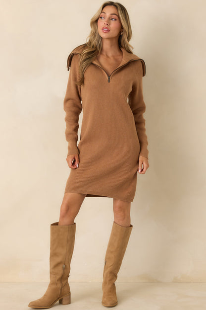 Ease Into It Camel Brown Knit Half-Zip Funnel Collar Longline Sweater Dress