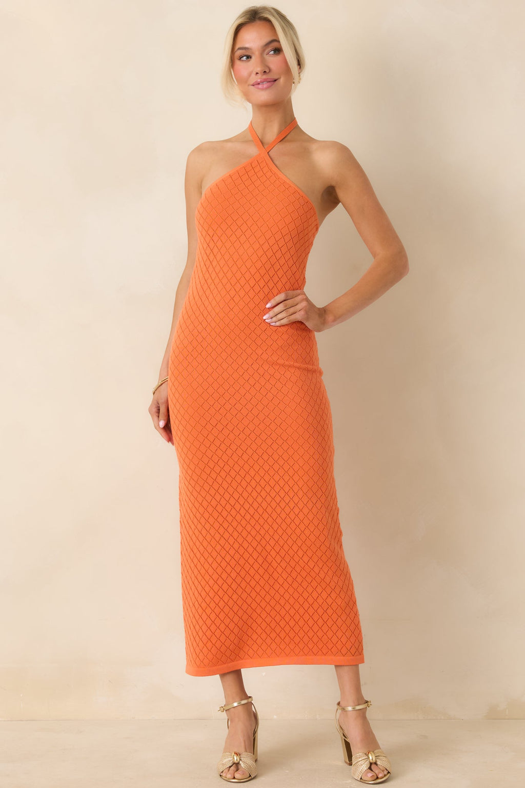 Causing a Heatwave Orange Textured Diamond Knit Halter Midi Dress