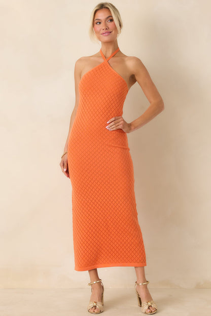Causing a Heatwave Orange Textured Diamond Knit Halter Midi Dress