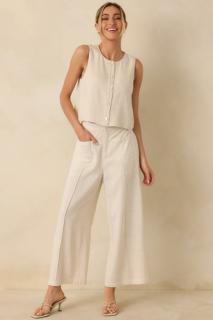 The Right Balance Natural Linen-Blend Sleeveless Button Up Top