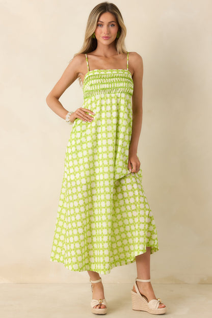 On the Bright Path Chartreuse Green Printed Cotton Midi Dress