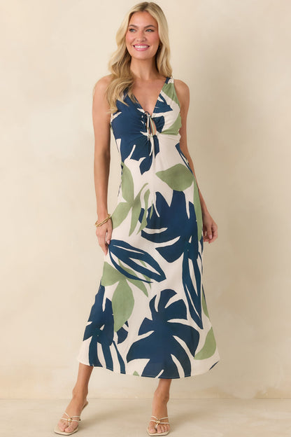 MINKPINK Azure Green & Blue Palm Leaves Key Hole Midi Dress