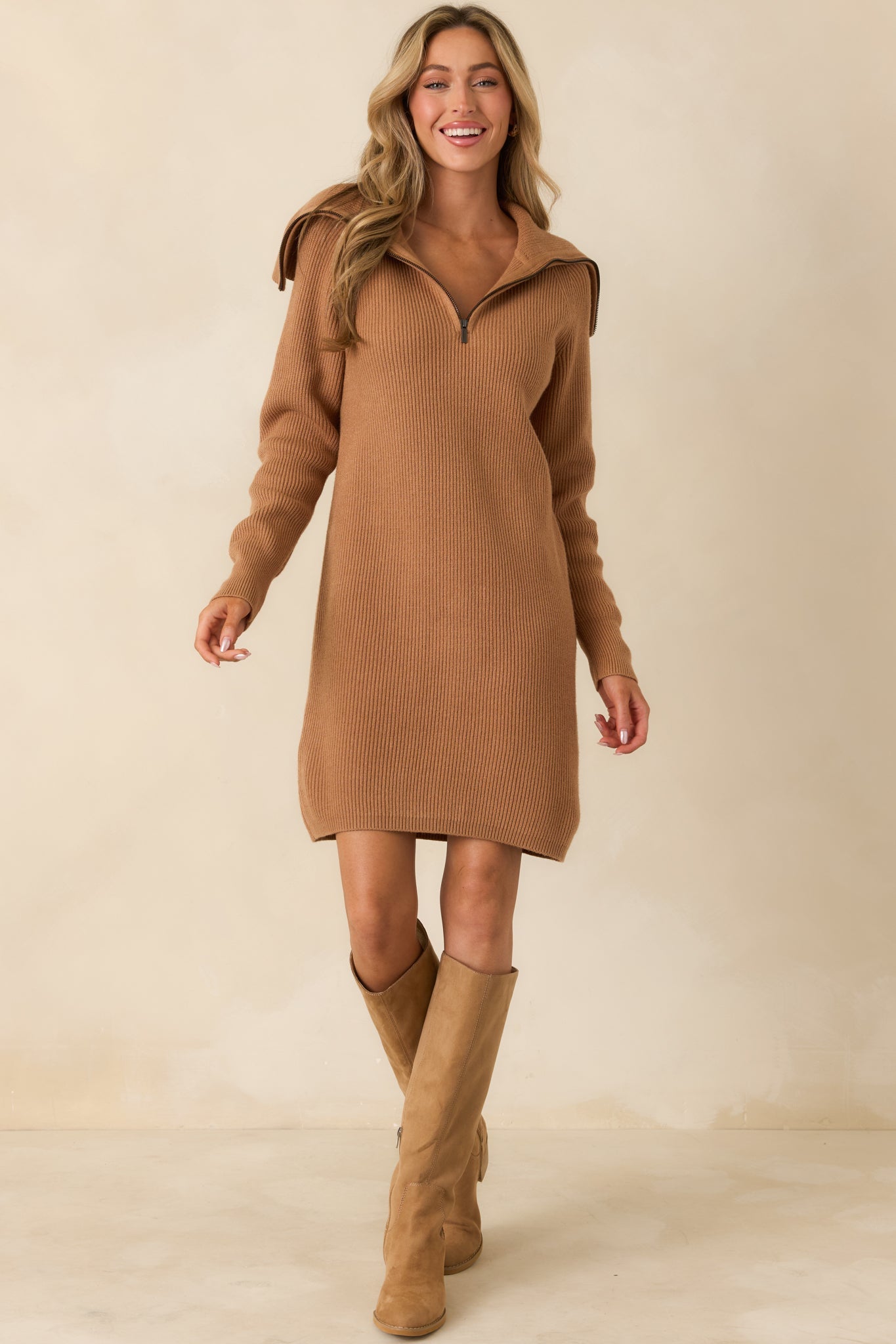 Ease Into It Camel Brown Knit Half-Zip Funnel Collar Longline Sweater Dress