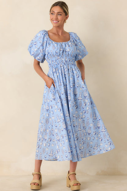 Curated Charm Blue Toile Print Cotton Midi Dress