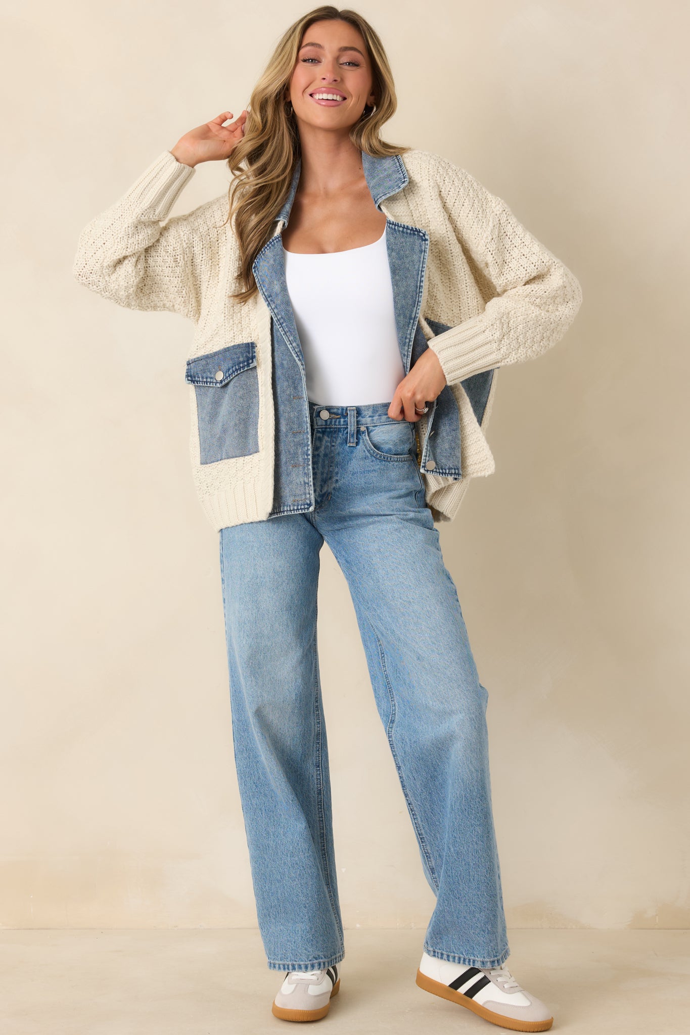 Everything In Between Ivory Knit Denim Jacket