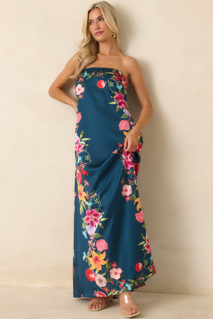 Moonlit Tropics Navy Multi Floral Strapless Maxi Dress