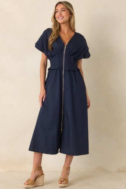 Let It Be Easy Navy Smocked Waist Zip Maxi Dress