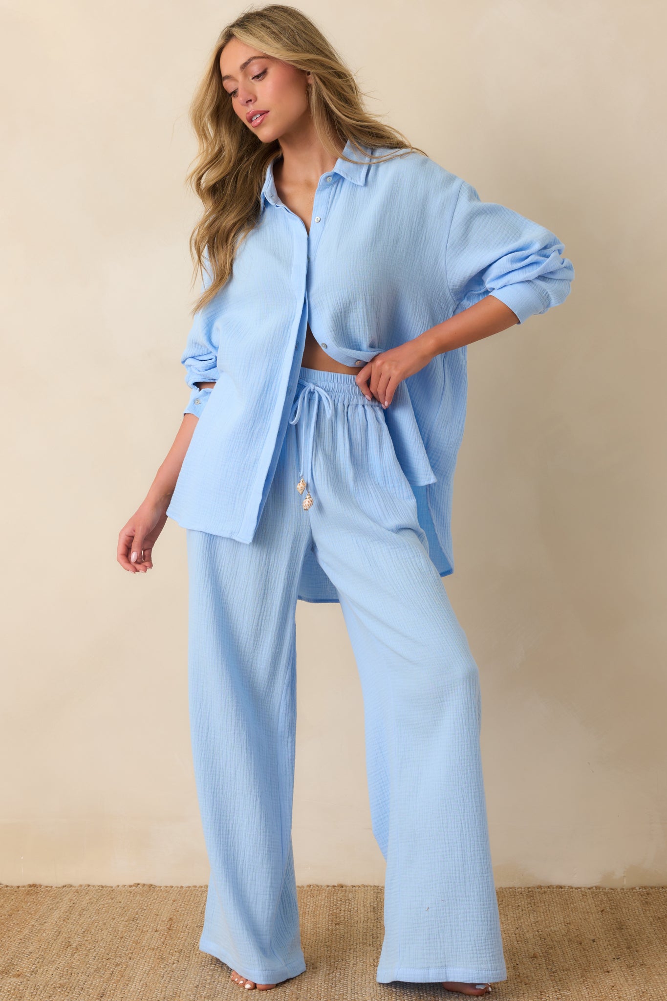 Paradisa Naples Oceana Blue Cotton Button-Up Top