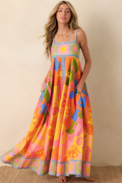 Paradisa Atlantis Orange Multi Cotton Abstract Print Maxi Dress (RESTOCK JUNE)