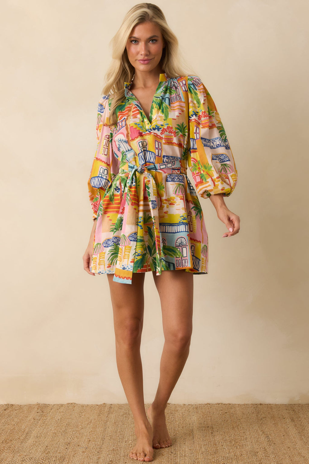 Paradisa Conch Key Multi Coastal Village Print Cotton Mini Dress