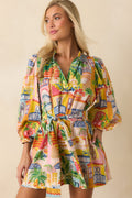 Paradisa Conch Key Multi Coastal Village Print Cotton Mini Dress