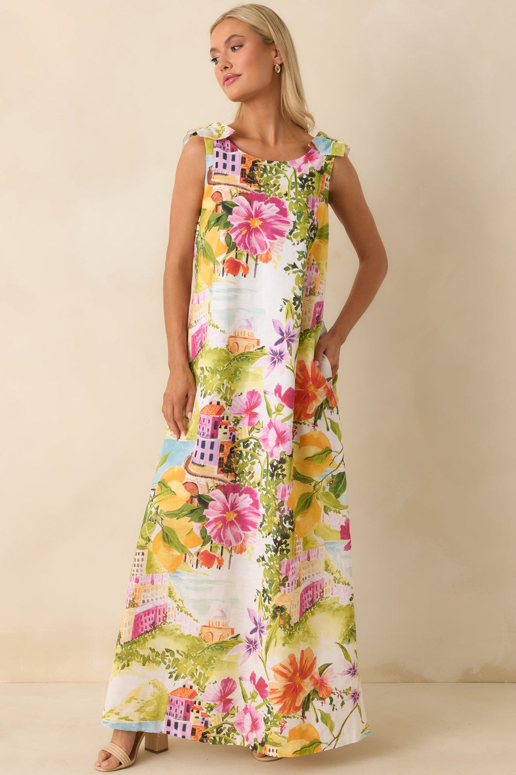 Prosperina Lucie Multi Linen Blend Scenic Coastal Print Maxi Dress
