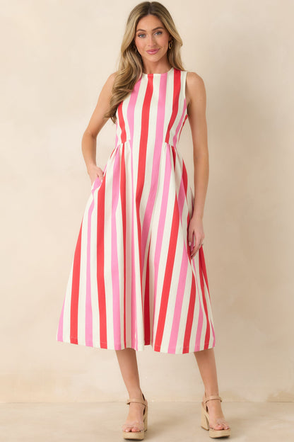 All the Energy Pink Multi Stripe Cotton Sleeveless Midi Dress