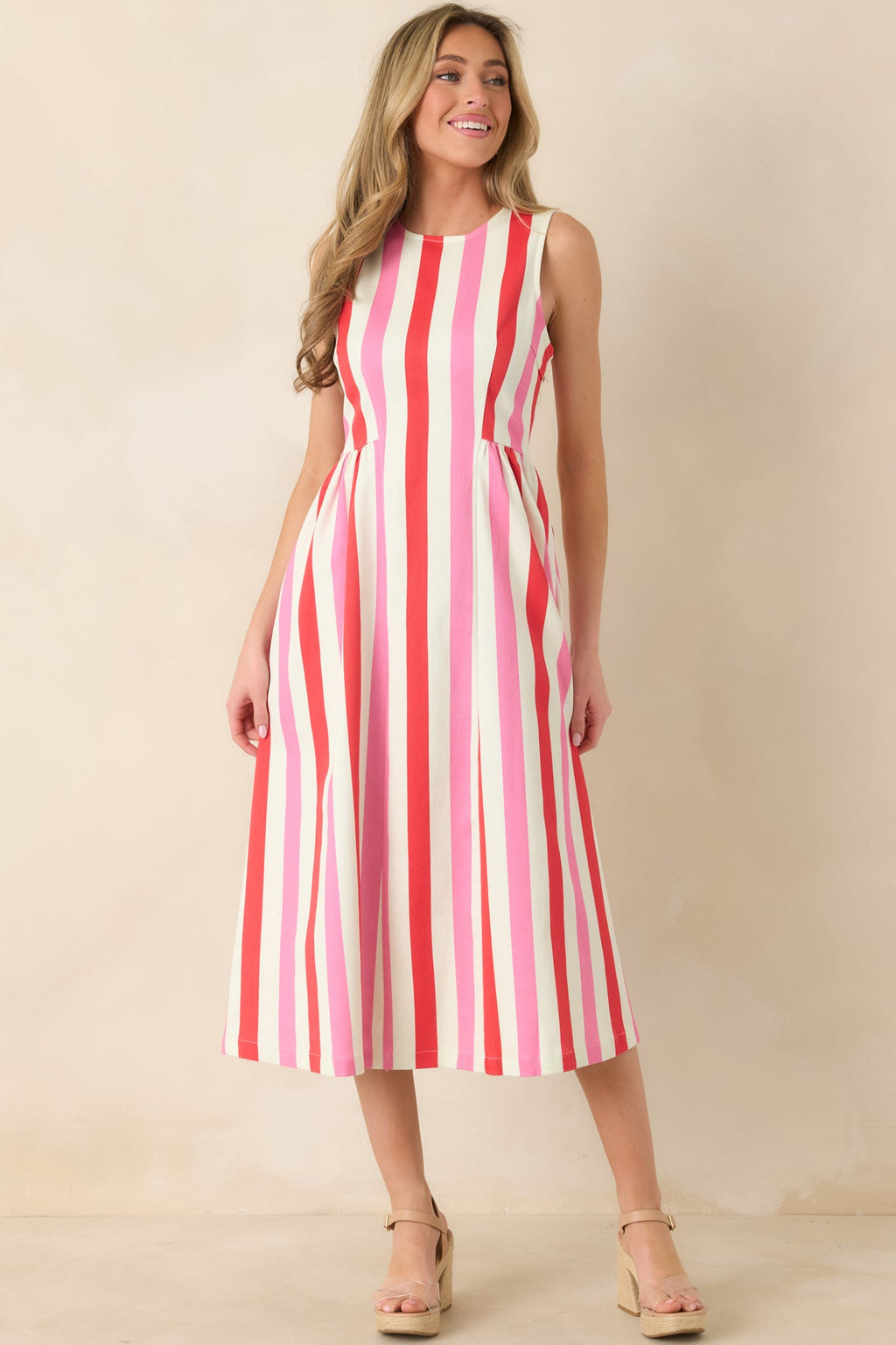 All the Energy Pink Multi Stripe Cotton Sleeveless Midi Dress