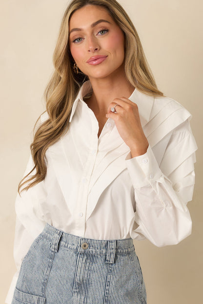 From Every Angle White Cotton Pleated Shoulder Button-Up Blouse