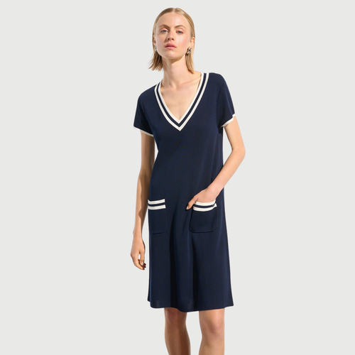Joseph Ribkoff Viscose Knit A-Line Dress With Rib Trim