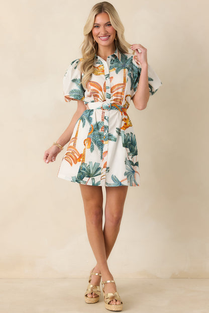 Paradise Plans Ivory Multi Tropical Print Puff Sleeve Mini Dress