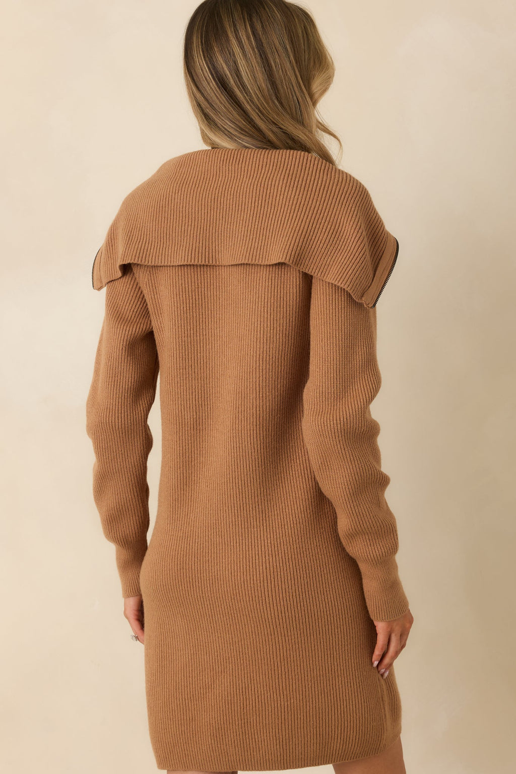 Ease Into It Camel Brown Knit Half-Zip Funnel Collar Longline Sweater Dress