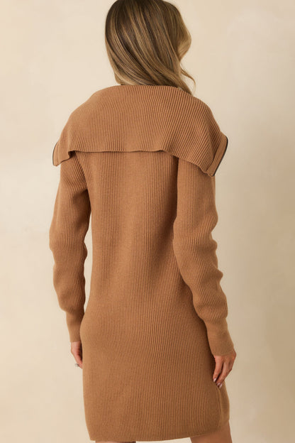 Ease Into It Camel Brown Knit Half-Zip Funnel Collar Longline Sweater Dress