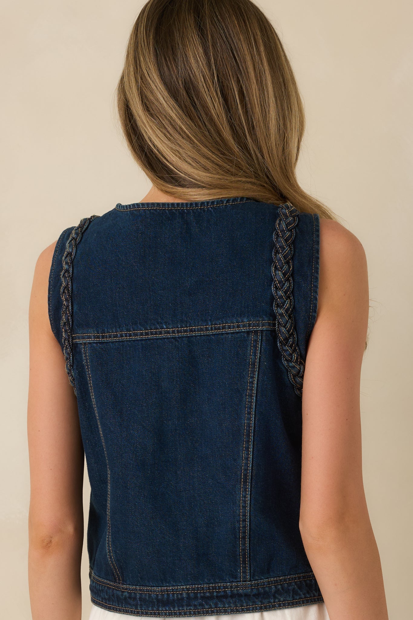 Ties That Bind Dark Wash Cotton Denim Braided Trim Vest
