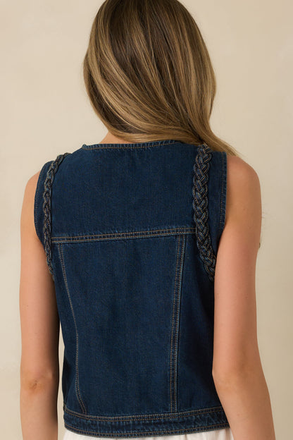Ties That Bind Dark Wash Cotton Denim Braided Trim Vest