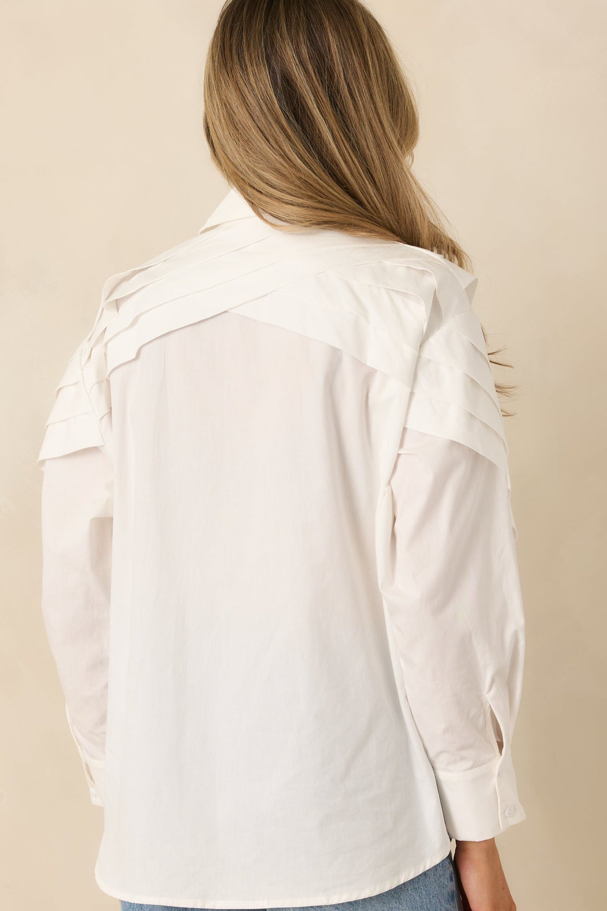 From Every Angle White Cotton Pleated Shoulder Button-Up Blouse