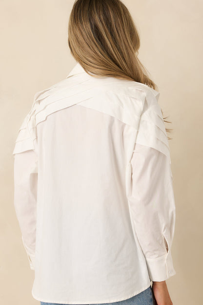 From Every Angle White Cotton Pleated Shoulder Button-Up Blouse