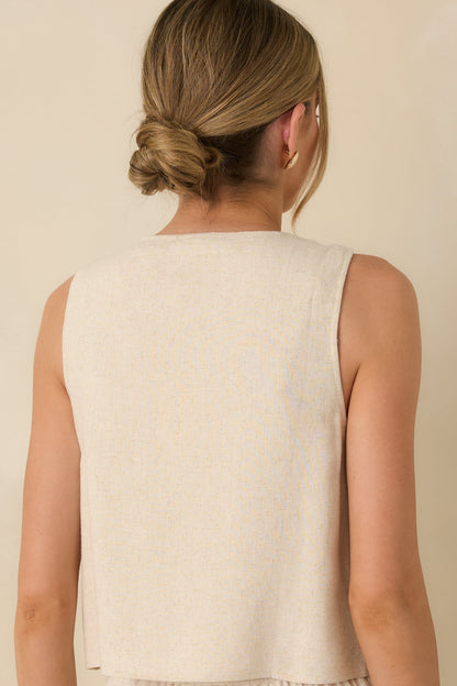 The Right Balance Natural Linen-Blend Sleeveless Button Up Top