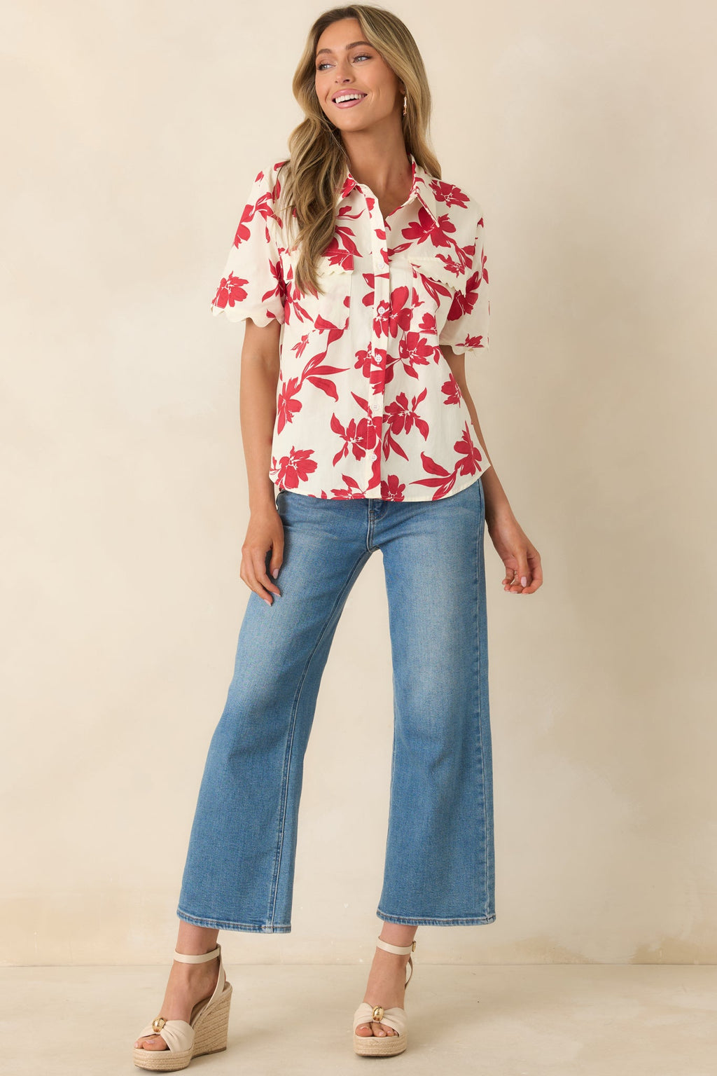 Feeling Fabulous Ivory & Red Floral Cotton Button Front Top