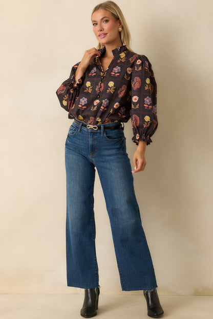 Everything’s Blooming Black Multi Floral Cotton Puff Sleeve Blouse