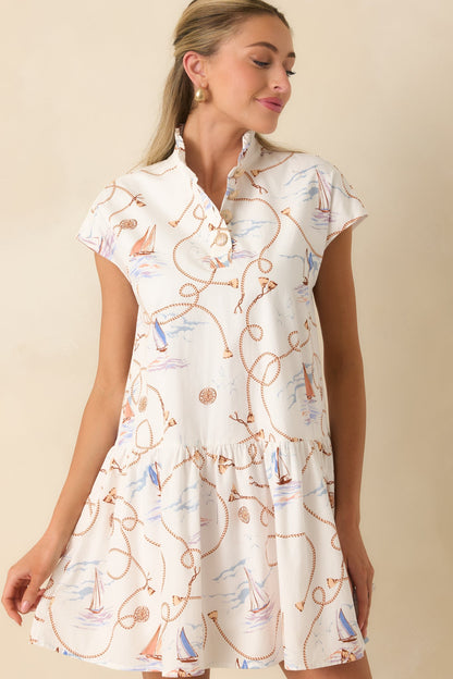 Prosperina Stella Ivory Multi Nautical Print Cotton Mini Dress