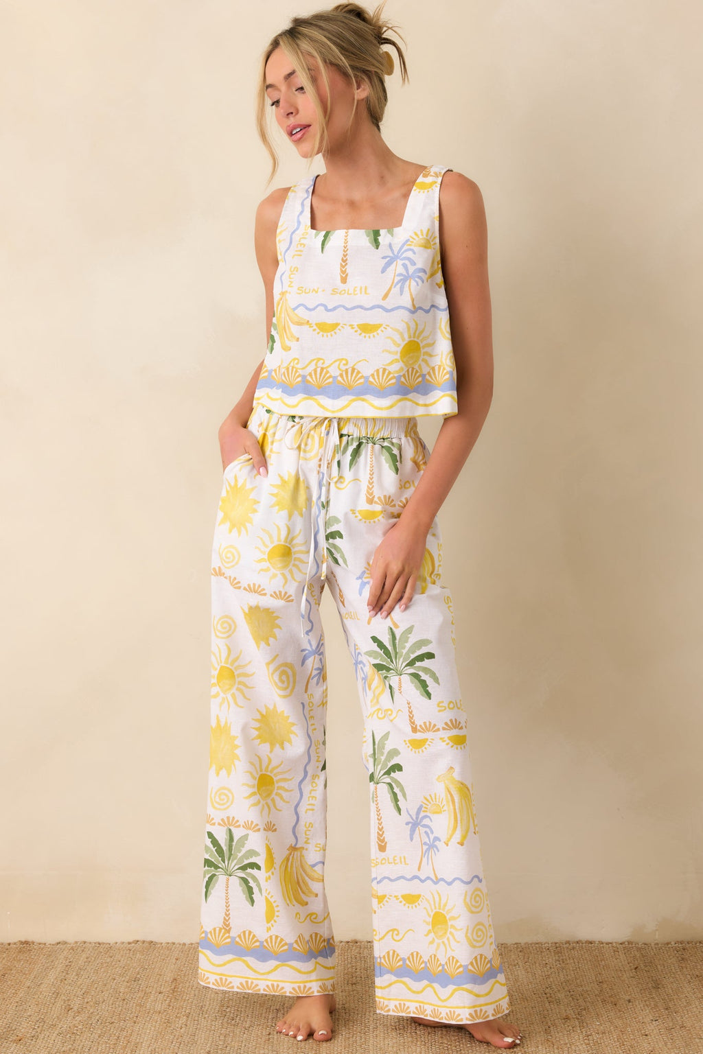 Paradisa Gulf Coast White Multi Linen Blend Tropical Print Pants
