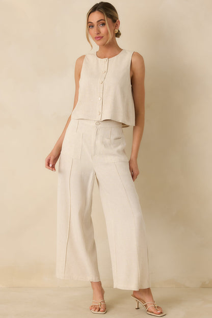 The Right Balance Natural Linen-Blend Sleeveless Button Up Top