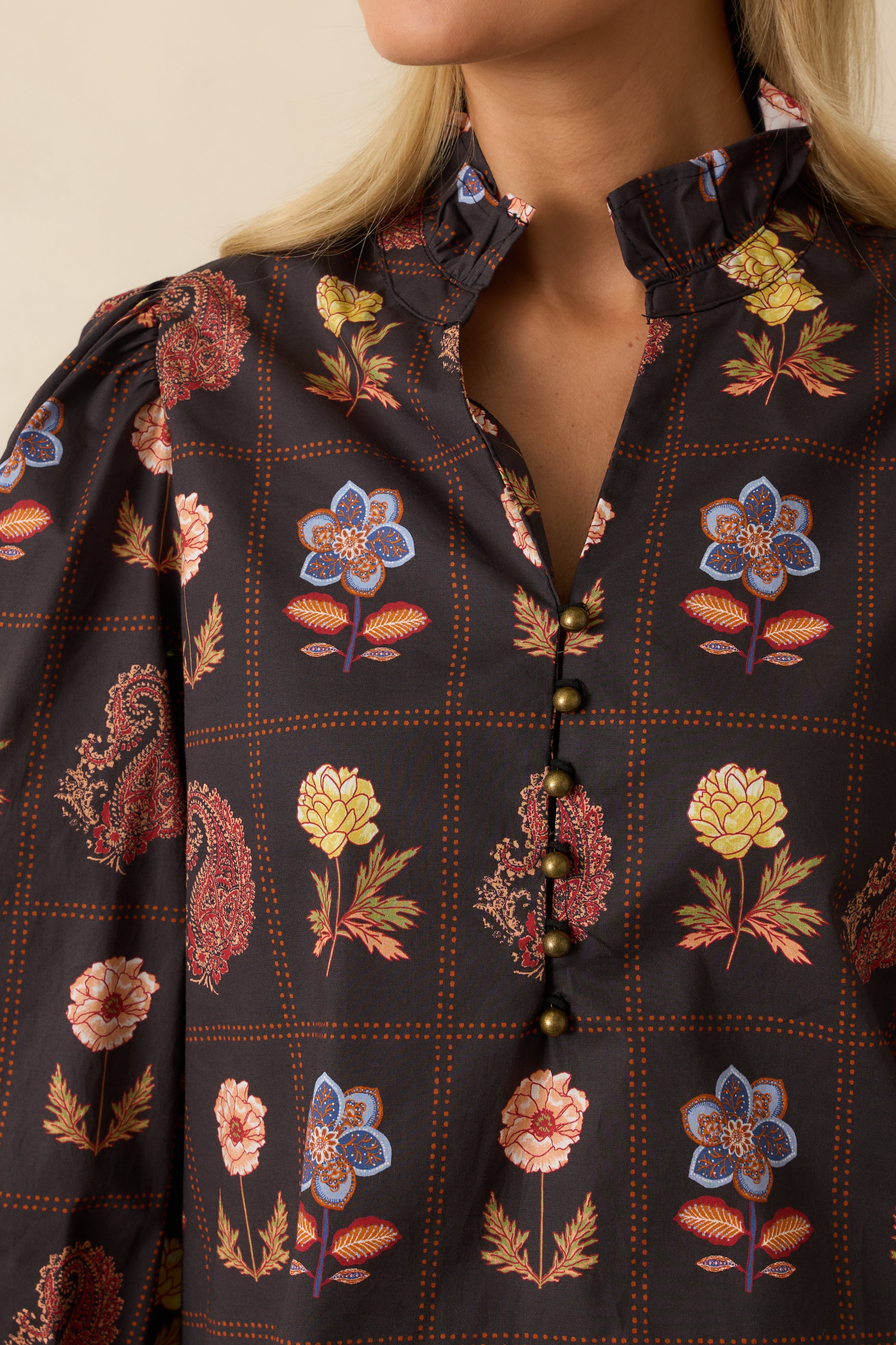 Everything’s Blooming Black Multi Floral Cotton Puff Sleeve Blouse