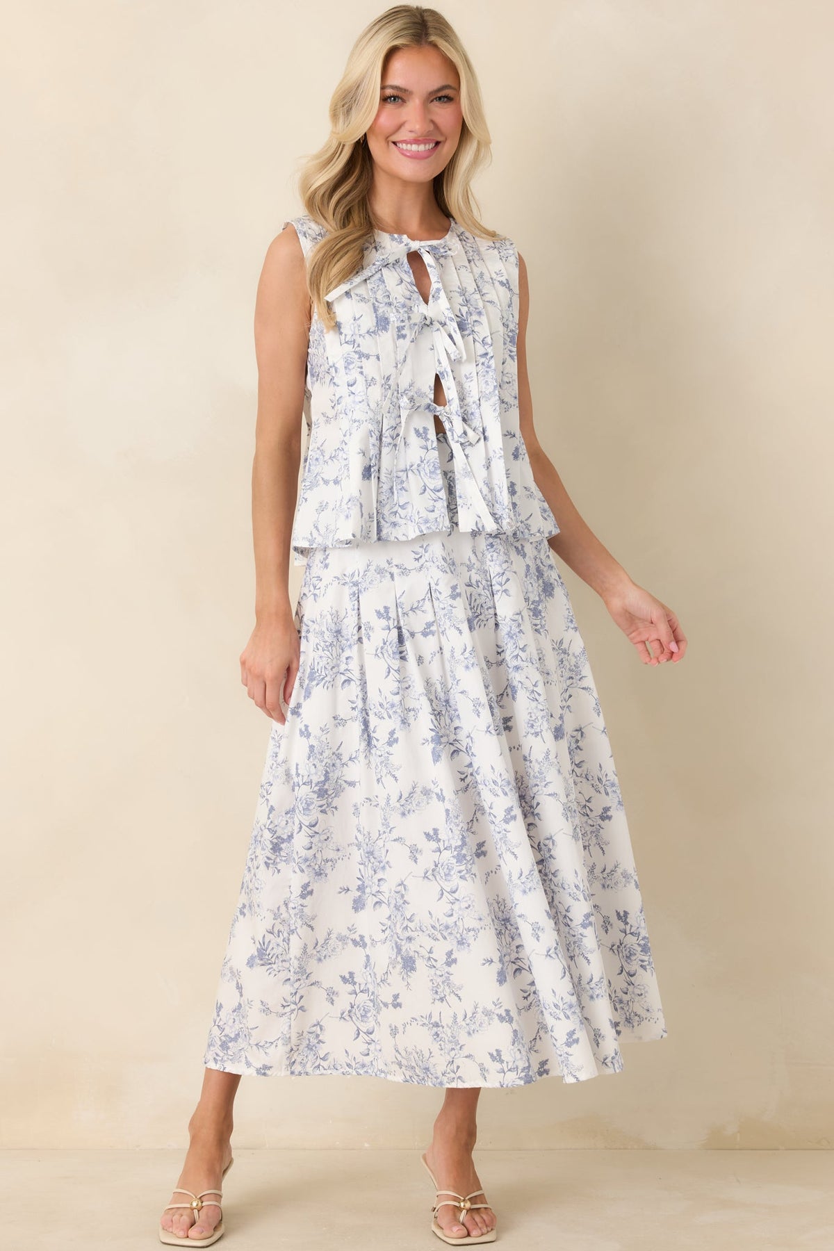 Once Upon a Daydream Blue & Ivory Floral Toile Cotton Maxi Skirt