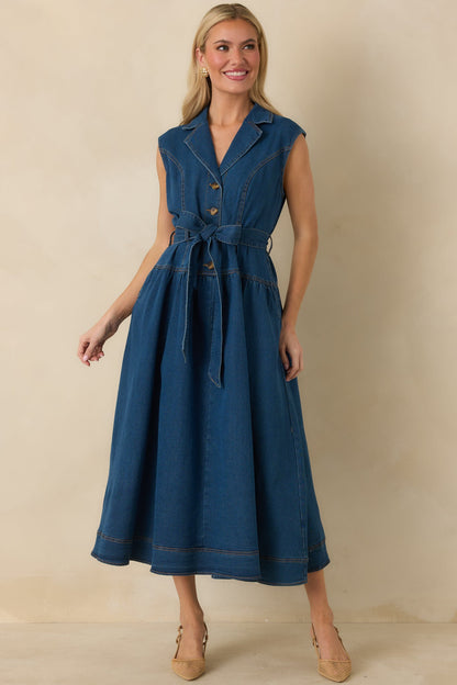 I'm All In Dark Wash Denim Tie-Belt Midi Dress