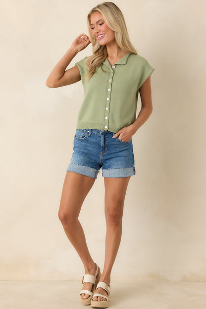 Let's Do This Light Green Sleeveless Button Front Top