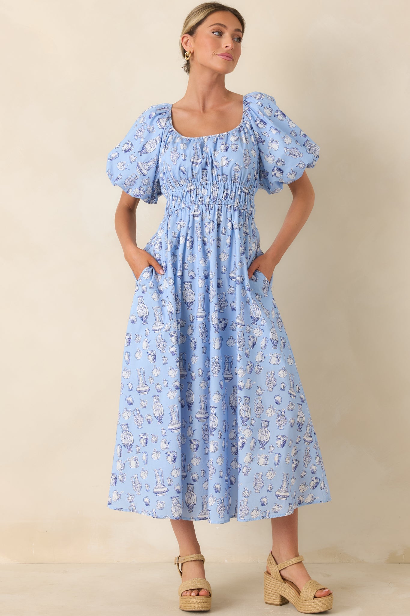 Curated Charm Blue Toile Print Cotton Midi Dress