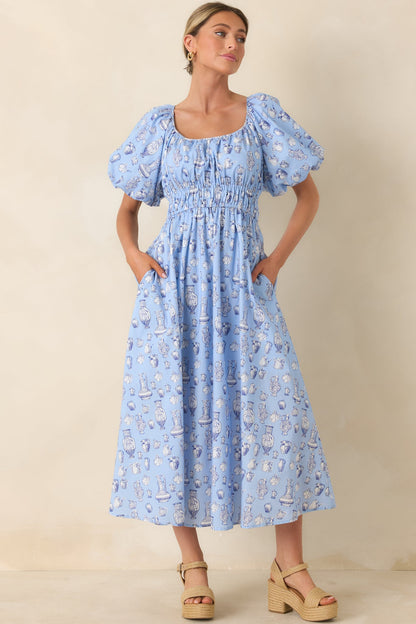 Curated Charm Blue Toile Print Cotton Midi Dress