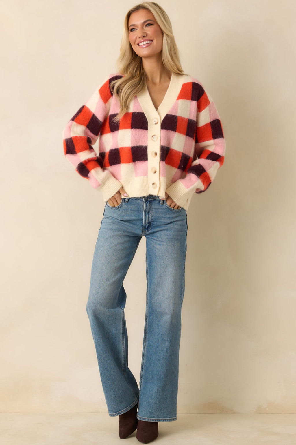 FRNCH Viola Pink Multi Knit Checked Cardigan