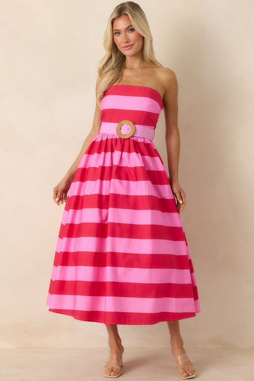 The Amanda Pink & Red Stripe Cotton Strapless Midi Dress