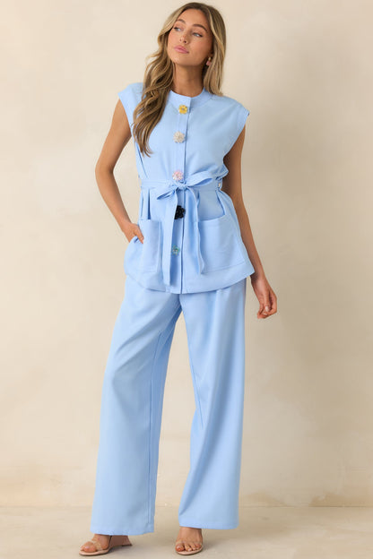 Details Make It Light Blue Statement Button-Front Belted Tunic Top